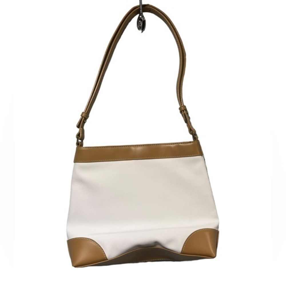 Liz Claiborne Accessories White‎ Tan Canvas Faux Leather Shoulder Bag Hobo Purse - Picture 2 of 4